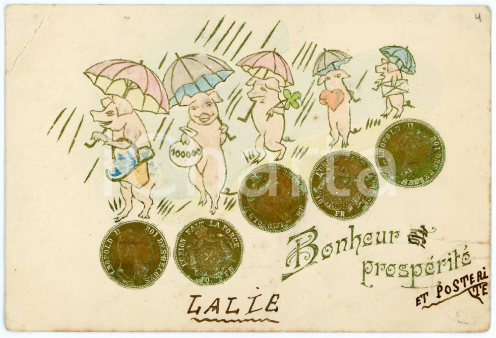 1910 ca BONNE ANNEE Lucky pigs jumping on gold coins- Vintage embossed postcard  Cartolina postale d'epoca, viaggiata.CONDIZIONI: P (piegature angolari e marginali)FORMATO: FP    originale e autentica 1