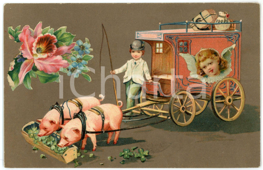 1907 Lucky pigs eating four leaf clovers carriage with money - Embossed postcard  Cartolina postale d'epoca, viaggiata.CONDIZIONI: G (leggera piegatura centrale inferiore)FORMATO: FP    originale e autentica 1