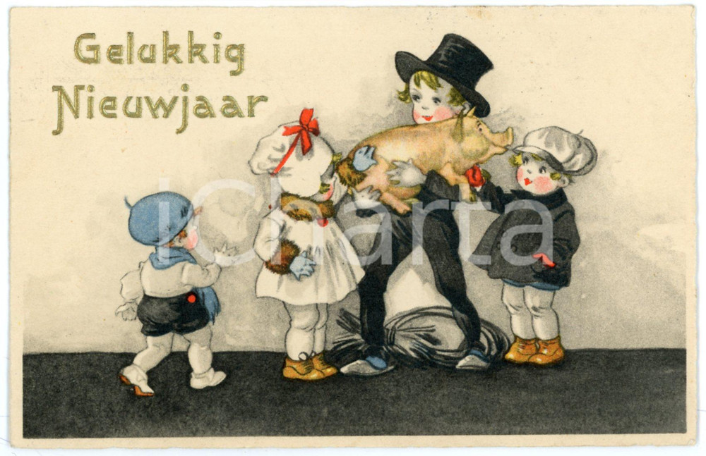1932 GELUKKIG NIEUWJAAR Children with lucky pig - Dutch old embsossed postcard Cartolina postale d'epoca, viaggiata.CONDIZIONI: GFORMATO: FP    originale e autentica 1