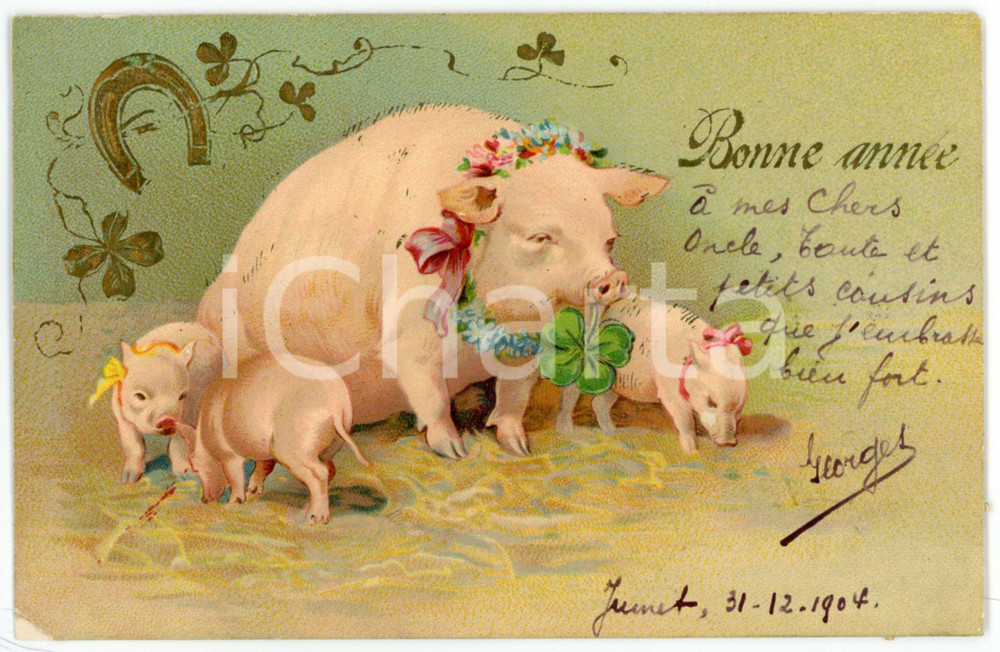 1904 BONNE ANNEE Mother and little pigs with GOOD LUCKY SIGN - Embossed postcard Cartolina postale d'epoca, viaggiata.CONDIZIONI: F (abrasione all'angolo inferiore sinistro)FORMATO: FP    originale e autentica 1