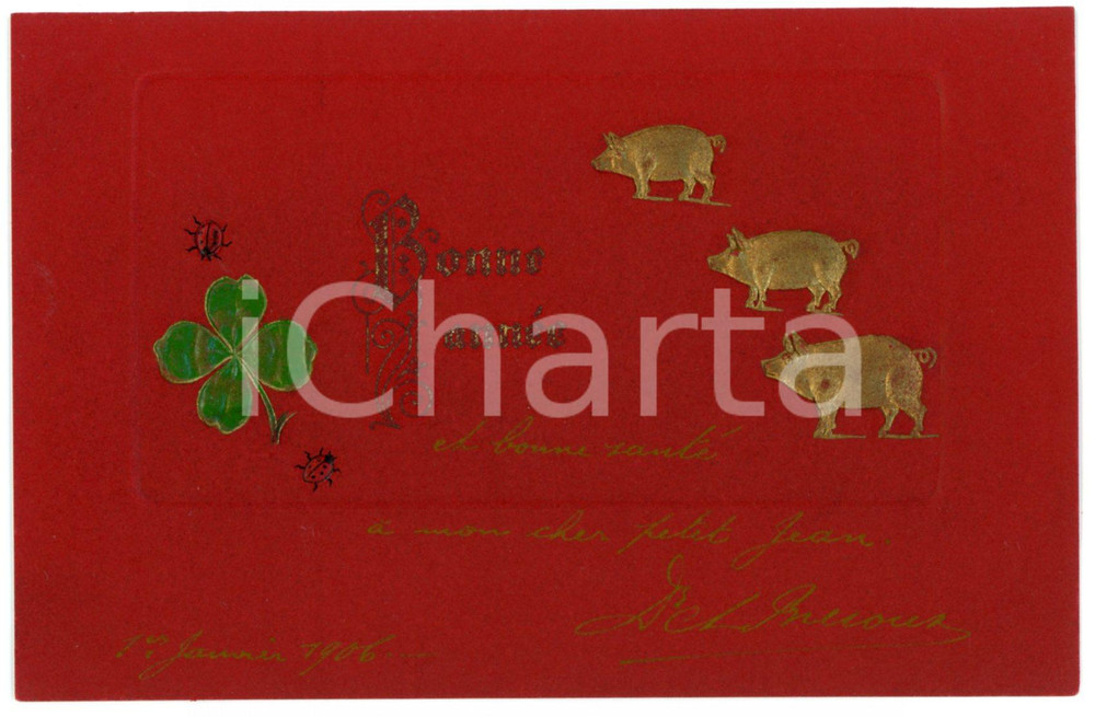1906 BONNE ANNEE Gold lucky pigs - Four leaf clover Ladybug - Embossed postcard Cartolina postale d'epoca, scritta ma non viaggiata.CONDIZIONI: GFORMATO: FP    originale e autentica 1