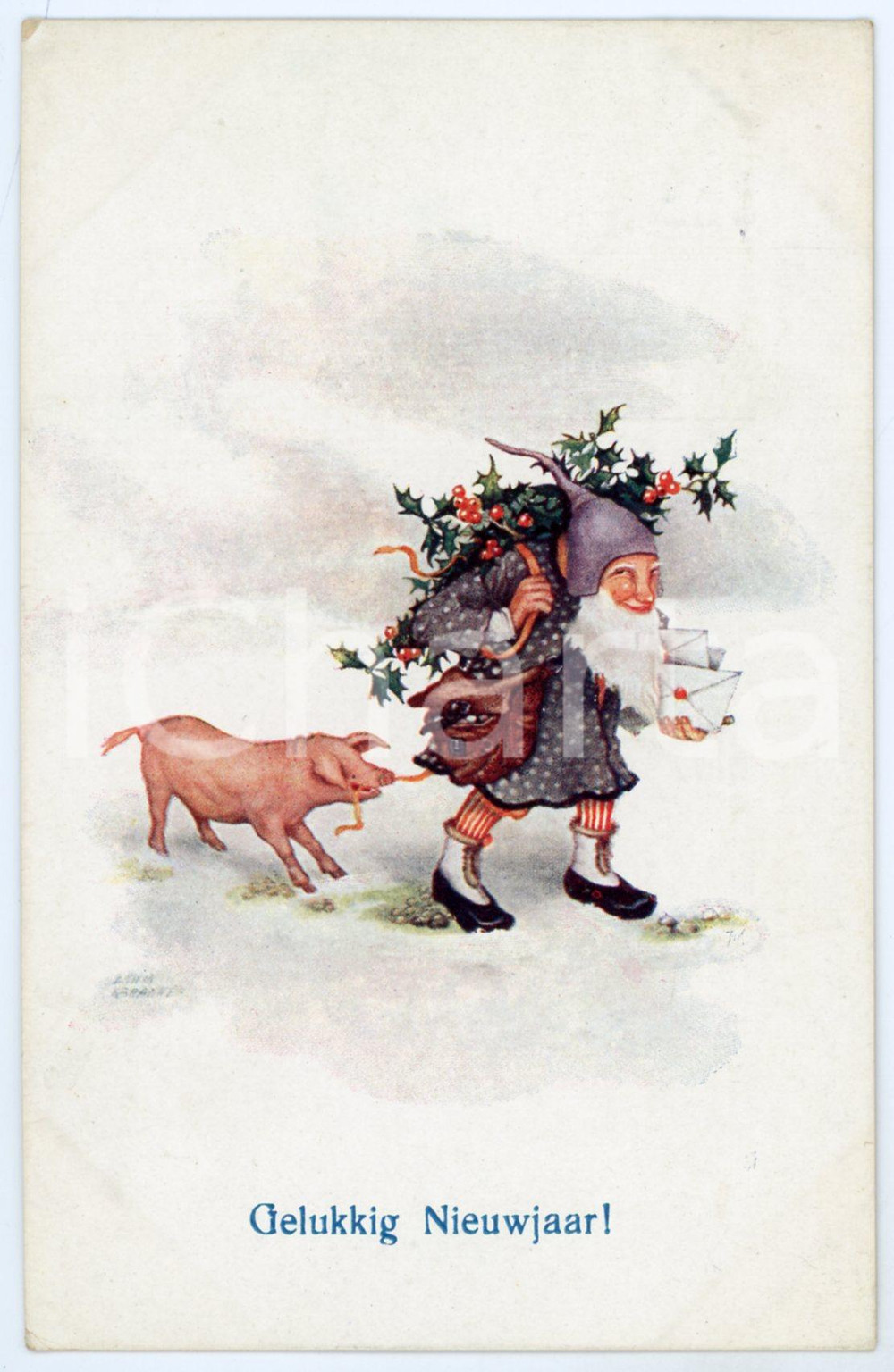 1923 GELUKKIG NIEUWJAAR Postman gnome with pig and holly - Dutch old postcard Cartolina postale d'epoca, viaggiata (con timbro ma francobollo asportato).CONDIZIONI: G (minime piegature centrali superiori)FORMATO: FP    originale e autentica 1