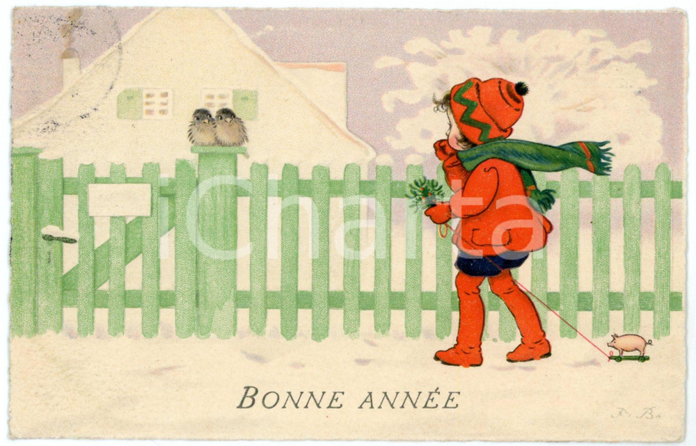 1922 BONNE ANNEE Child and pig toy in a winter landscape - Vintage postcard  Cartolina postale d'epoca, viaggiata.CONDIZIONI: GFORMATO: FP    originale e autentica 1