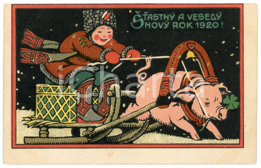 1920 ŠŤASTNÝ A VESELÝ NOVÝ ROK Child on a sled with lucky pig - Czech postcard Cartolina postale d'epoca, non viaggiata.CONDIZIONI: F (leggere piegature al lato inferiore)FORMATO: FP    originale e autentica 1