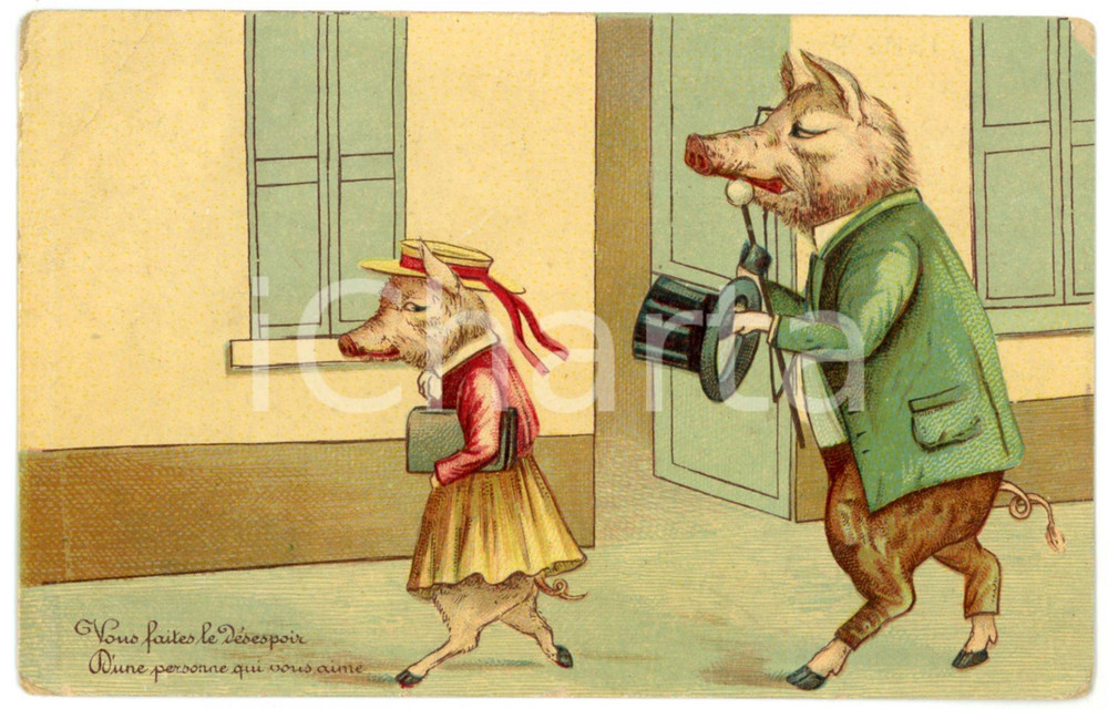 1907 Vous faites le désespoir de qui vous aime - Pigs *Anthropomorphic postcard  Cartolina postale d'epoca, viaggiata.CONDIZIONI: P (abrasioni angolari e ai lati al recto e al verso, ampia piegatura all'angolo superiore sinistro)FORMATO: FP    originale e autentica 1