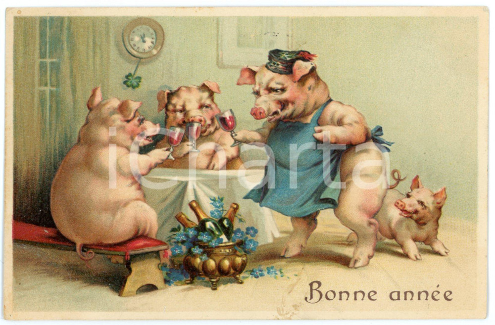 1913 BONNE ANNEE Drunk pigs drinking wine - Anthropomorphic embossed postcard  Cartolina postale d'epoca, viaggiata.CONDIZIONI: GFORMATO: FP    originale e autentica 1