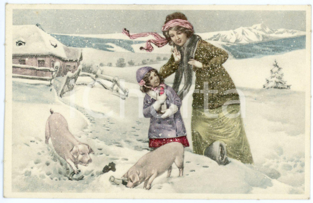 1910 ca HUMOUR Pigs looking for LUCKY SIGNS in the snow - Vintage postcard Cartolina postale d'epoca, non viaggiata.CONDIZIONI: GFORMATO: FP    originale e autentica 1
