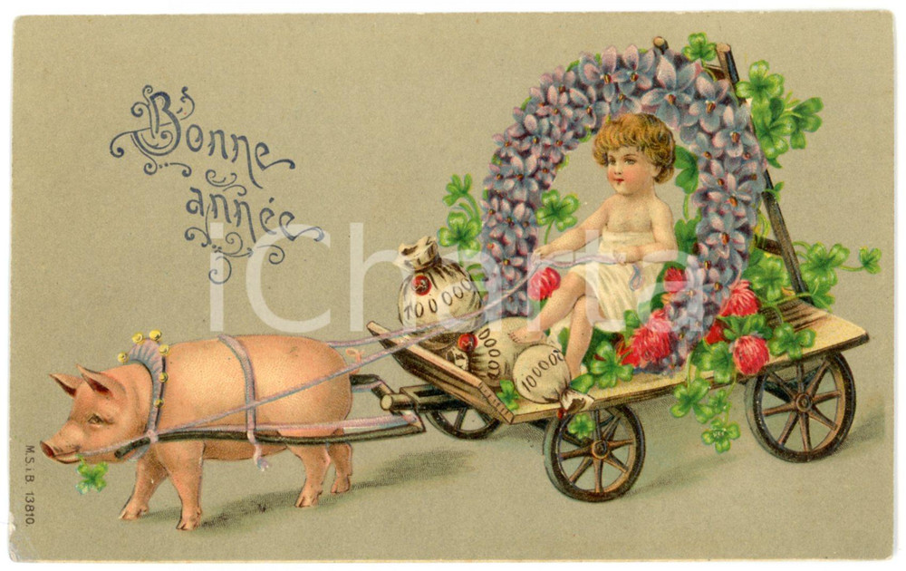 1909 BONNE ANNEE Child on a cart with lucky pig - Vintage embossed postcard Cartolina postale d'epoca, viaggiata.CONDIZIONI: FAIR (abrasione e piegatura all'angolo inferiore sinistro)FORMATO: FP    originale e autentica 1
