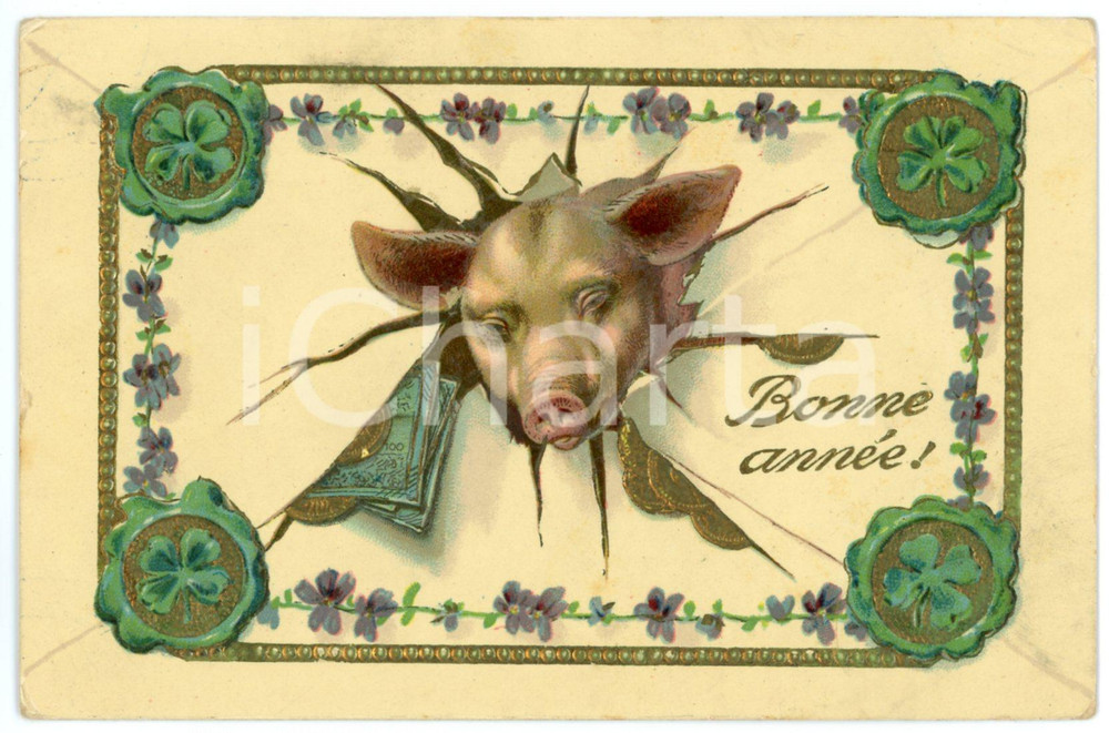 1911 BONNE ANNEE Lucky pig with coin and four leaf clovers *Embossed postcard  Cartolina postale d'epoca, viaggiata.CONDIZIONI: F (minime abrasioni ai lati dovute al distaccamento della pellicola superficiale)FORMATO: FP    originale e autentica 1