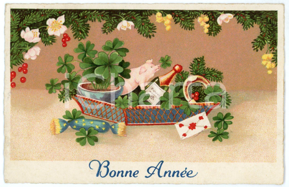 1935 BONNE ANNEE Lucky basket with pig, four leaf clovers, horseshoe - Postcard  Cartolina postale d'epoca, viaggiata.CONDIZIONI: F (piegatura all'angolo inferiore sinistro)FORMATO: FP    originale e autentica 1