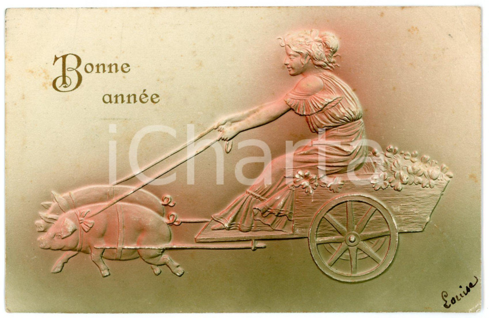 1905 BONNE ANNEE Lucky pigs towing a woman on a cart *Embossed Postcard  Cartolina postale d'epoca in rilievo, viaggiata.CONDIZIONI: P (piegature angolari)FORMATO: FP    originale e autentica 1