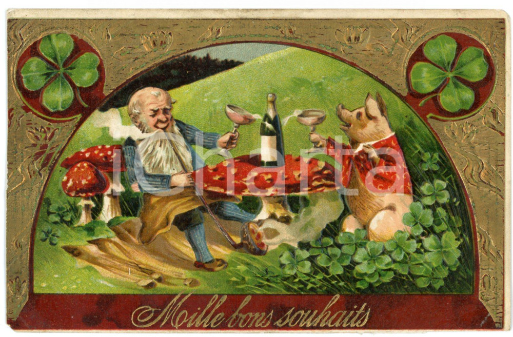 1908 BONS SOUHAITS Lucky gnome drinking champagne with pig - Embossed postcard  Cartolina postale d'epoca, viaggiata.CONDIZIONI: G (minime mancanze angolari)FORMATO: FP    originale e autentica 1