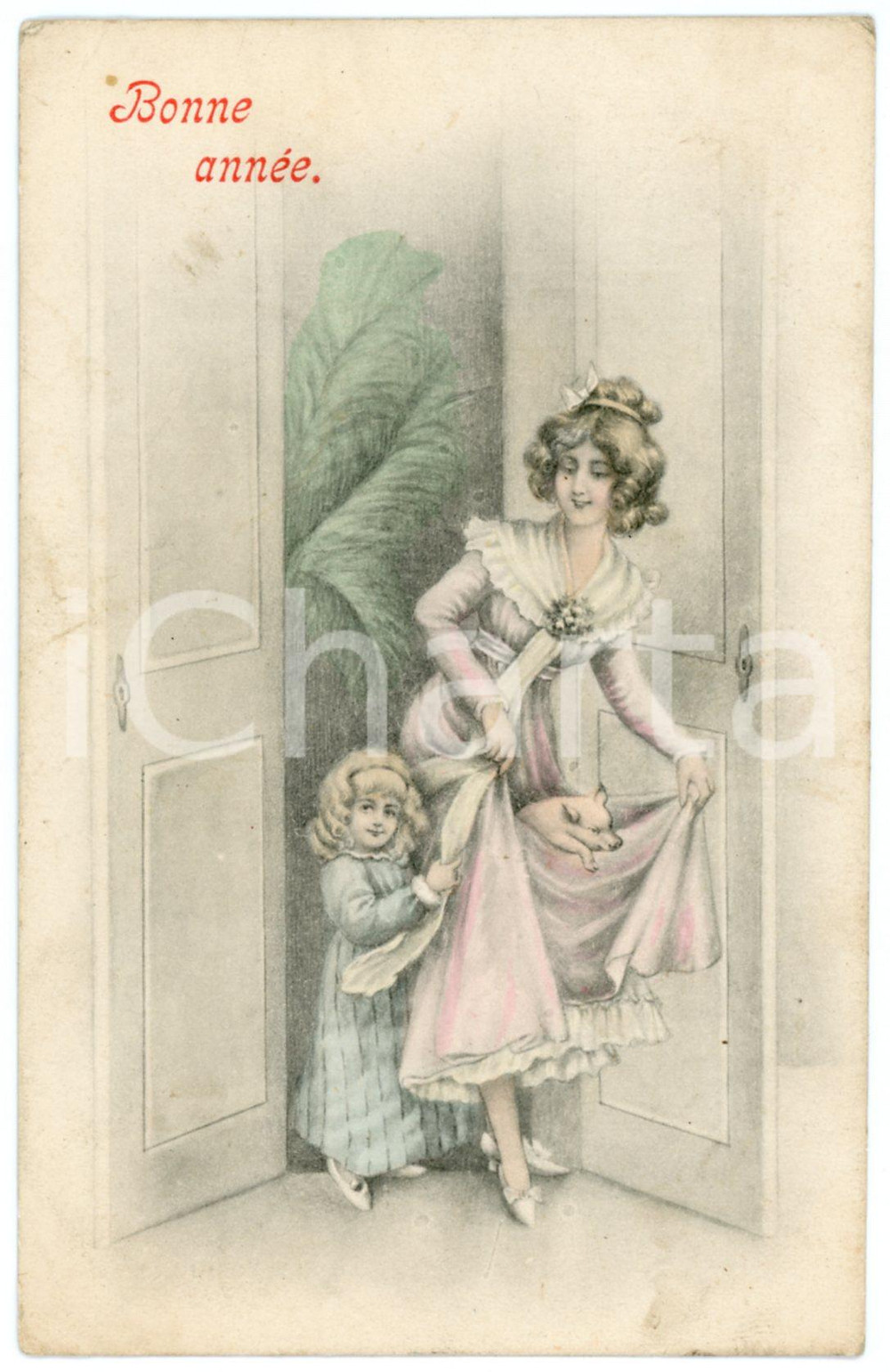 1910 ca BONNE ANNEE Mum and child with baby pig  - Vintage postcard  Cartolina postale d'epoca, viaggiata.CONDIZIONI: F (piegature angolari)FORMATO: FP    originale e autentica 1