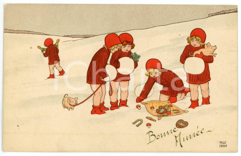 1910 ca BONNE ANNEE Children playing on snow with pigs - ill. P. EBNER *Postcard  Cartolina postale d'epoca, scritta ma non viaggiata.CONDIZIONI: GFORMATO: FP    originale e autentica 1