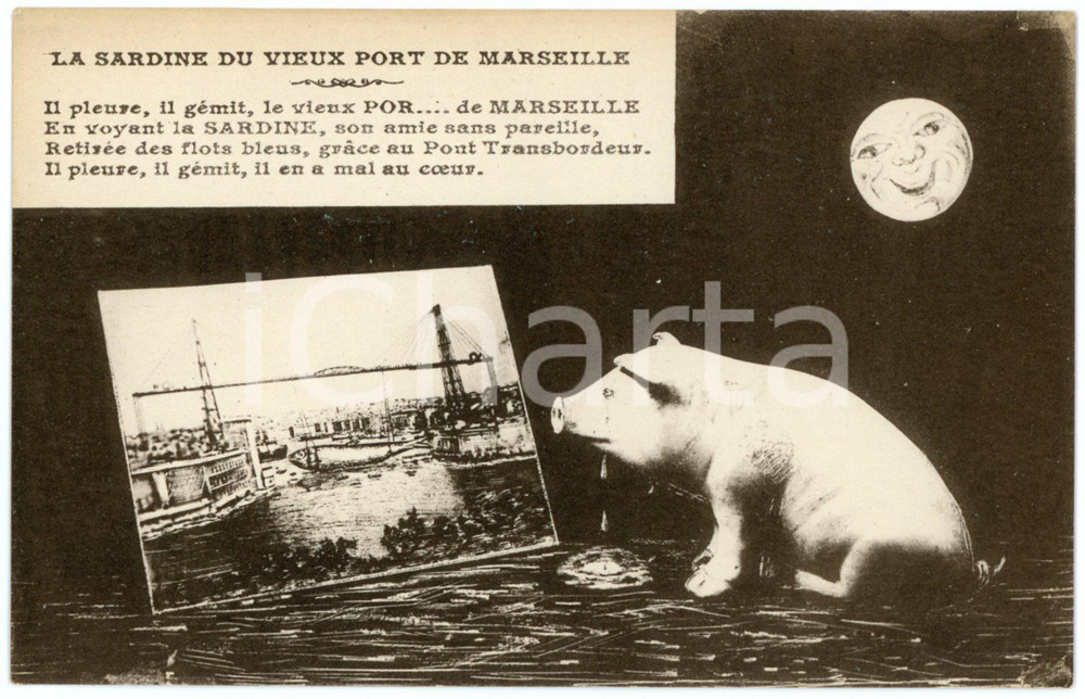 1910 ca HUMOUR La Sardine du vieux port de Marseille - Pig crying - Postcard  Cartolina postale d'epoca, non viaggiata.CONDIZIONI: GFORMATO: FP    originale e autentica 1