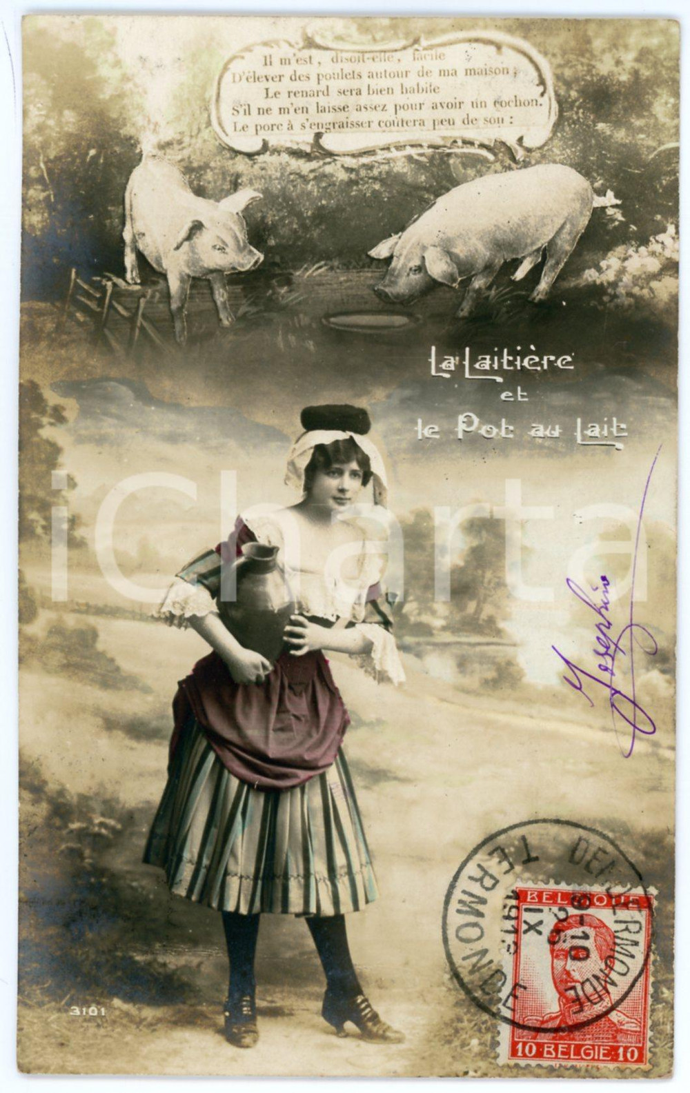 1913 La Laitière et le Pot au lait - Pigs - La Fontaine fable - Vintage postcard  Cartolina postale d'epoca, viaggiata.CONDIZIONI: GFORMATO: FP    originale e autentica 1