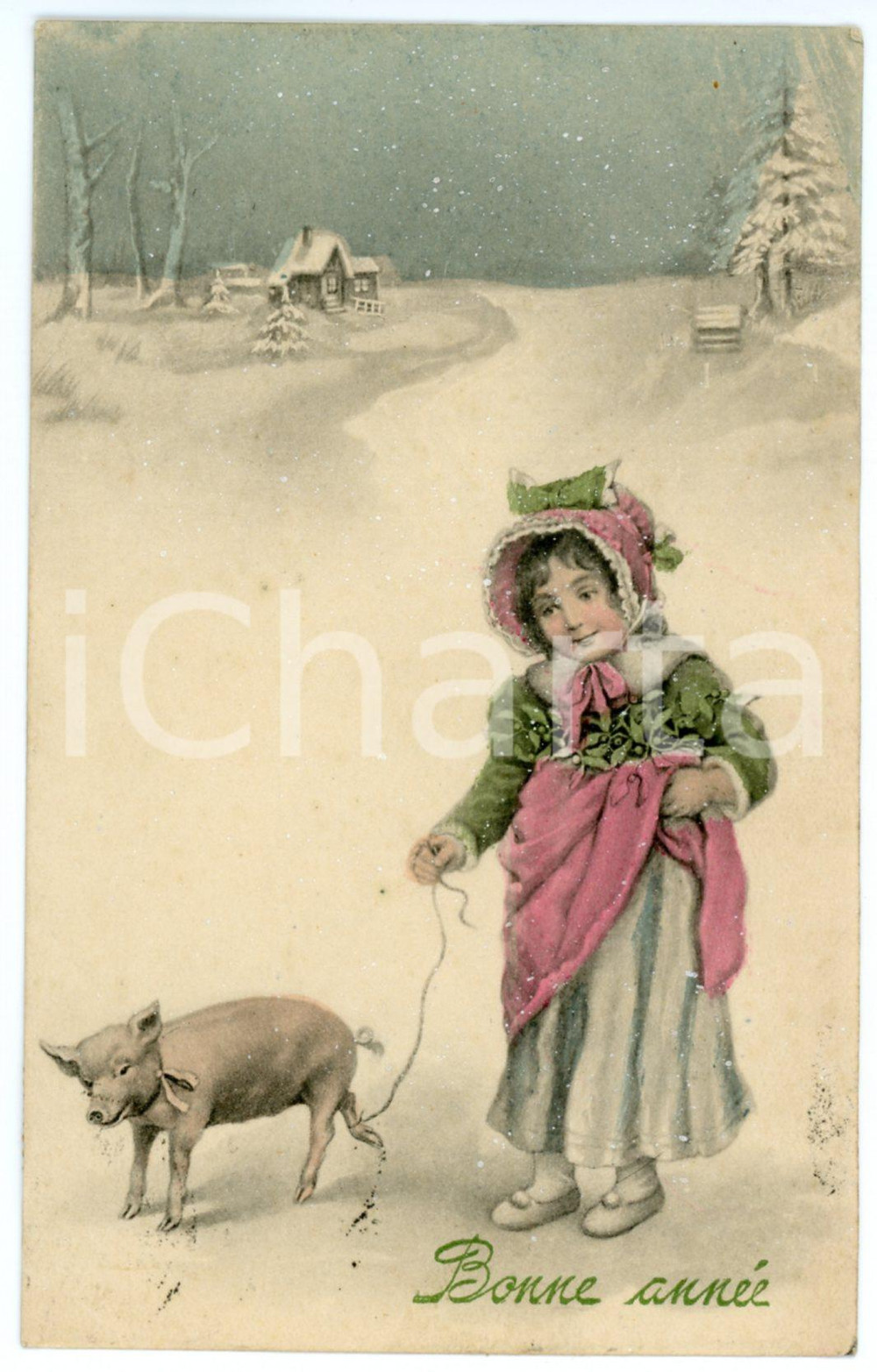 1910 ca BONNE ANNEE Little girl with baby pig - Vintage postcard  Cartolina postale d'epoca, viaggiata (ma francobollo parzialmente asportato).CONDIZIONI: GFORMATO: FP    originale e autentica 1
