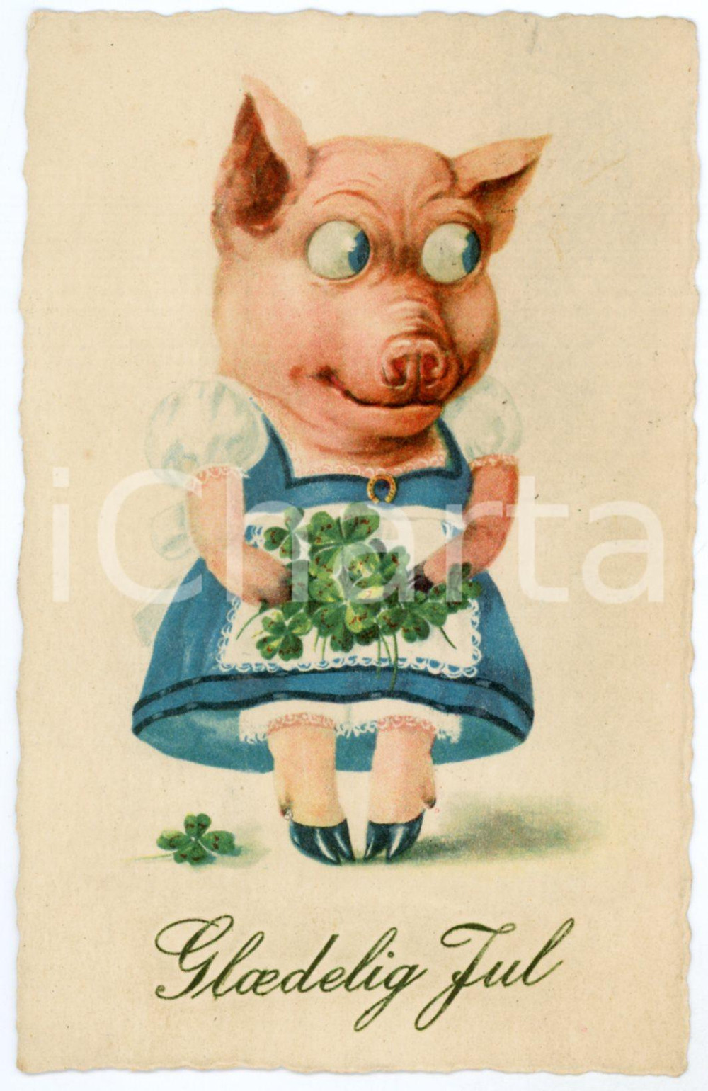 1923 GLAEDELIG JUL Pig with four leaf clovers *Anthropomorphic embossed postcard  Cartolina postale d'epoca, viaggiata.CONDIZIONI: GFORMATO: FP    originale e autentica 1