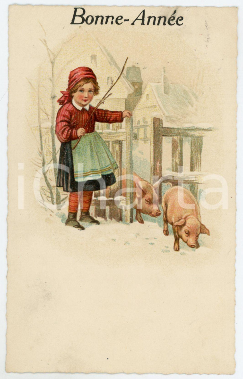 1910 ca BONNE ANNEE Girl with pigs on the snow - Vintage postcard  Cartolina postale d'epoca, viaggiata (ma francobollo asportato).CONDIZIONI: GFORMATO: FP    originale e autentica 1