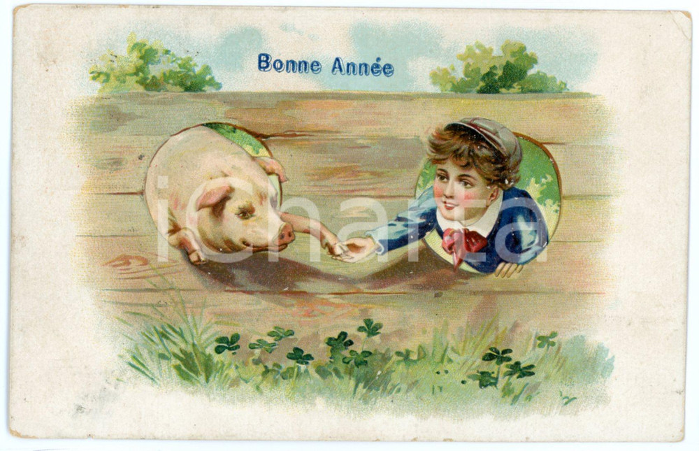 1907 BONNE ANNÃ‰E Lucky pig shakes hands with a child - Embossed Postcard FP VG  Cartolina postale d'epoca, viaggiata.CONDIZIONI: FAIR (lieve piegatura all'angolo superiore destrio)FORMATO: FP     originale e autentica 1