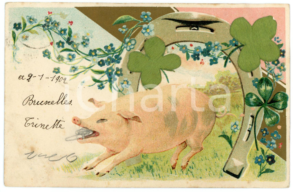 1902 GOOD LUCK Lucky pig with horseshoe and four-leaf clover - Embossed Postcard  Cartolina postale d'epoca, viaggiata.CONDIZIONI: POOR (profonda piegatura all'angolo inferiore destro)FORMATO: FP    originale e autentica 1
