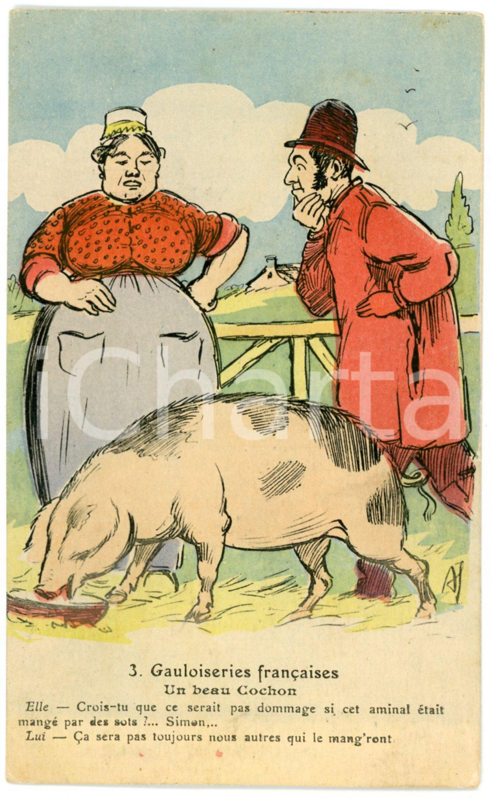1910ca GAULOISERIES FRANÃ‡AISES n.3 - Un beau cochon - Carte postale ILLUSTRÃ‰E  Cartolina postale d'epoca, non viaggiata ma con testo manoscritto al verso.CONDIZIONI: FAIR FORMATO: FP     originale e autentica 1