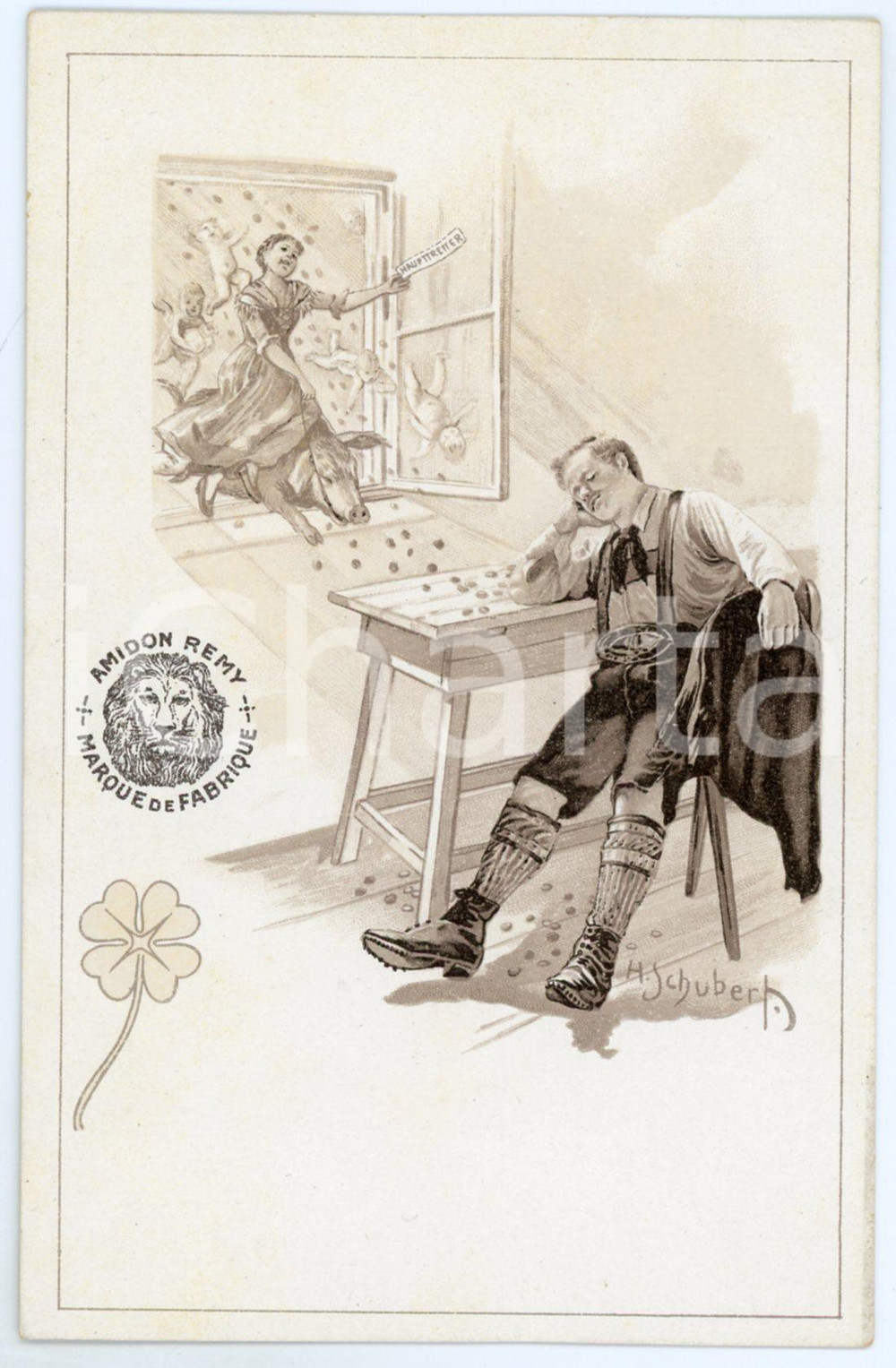 1900ca BONNE ANNÉE Sleeping man and lucky pig - Ill. by H. SCHUBERT - Postcard  Cartolina postale d'epoca, non viaggiata.EDITORE: Amidon RemyCONDIZIONI: FAIRFORMATO: FP    originale e autentica 1