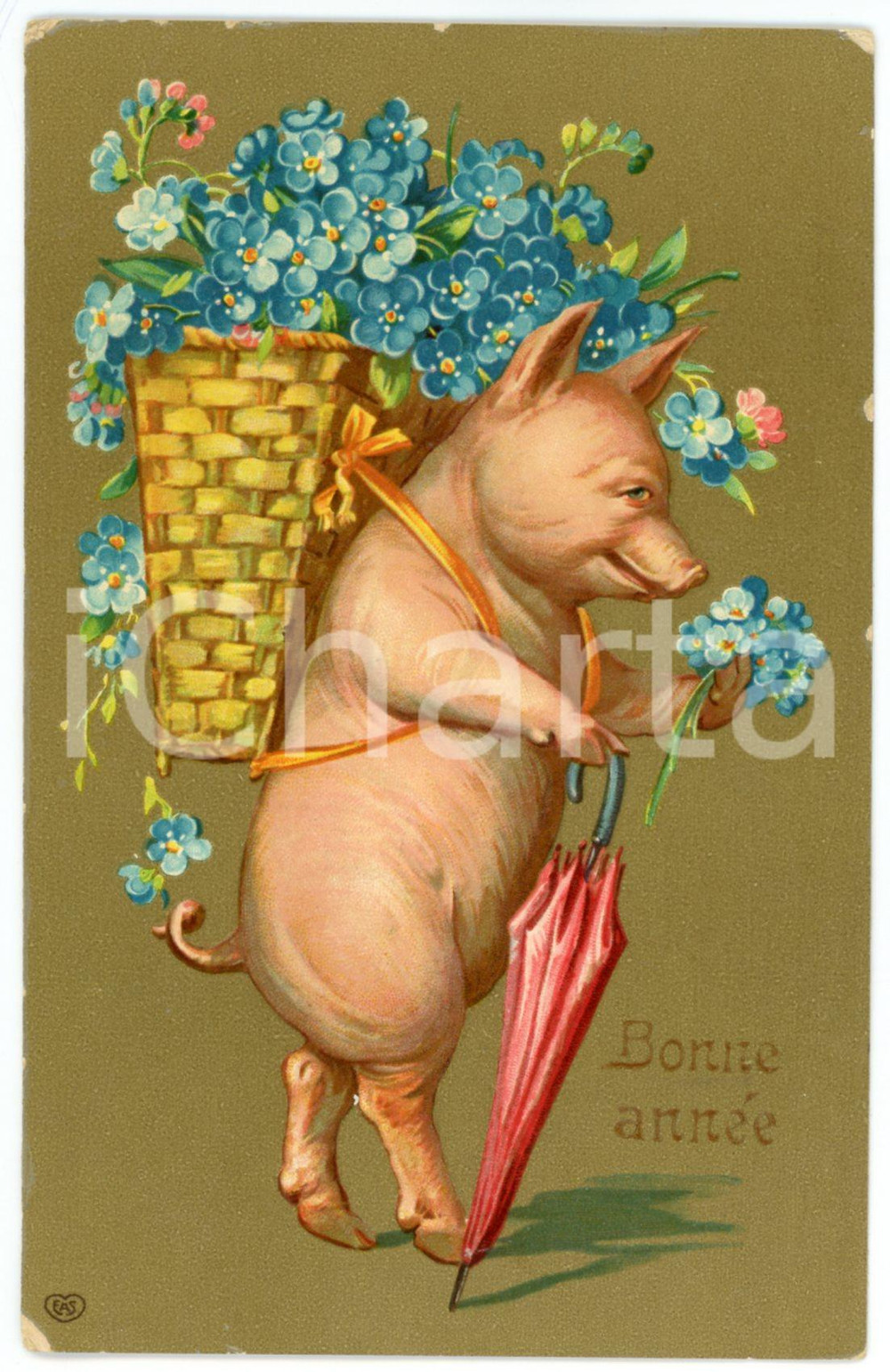 1909 BONNE ANNÃ‰E Lucky pig with umbrella and a basket full of flowers - Postcard  Cartolina postale d'epoca, viaggiata.CONDIZIONI: POOR (distacco della pellicola protettiva ai margini sinistro e superiore, sbrecciature agli angoli)FORMATO: FP    originale e autentica 1