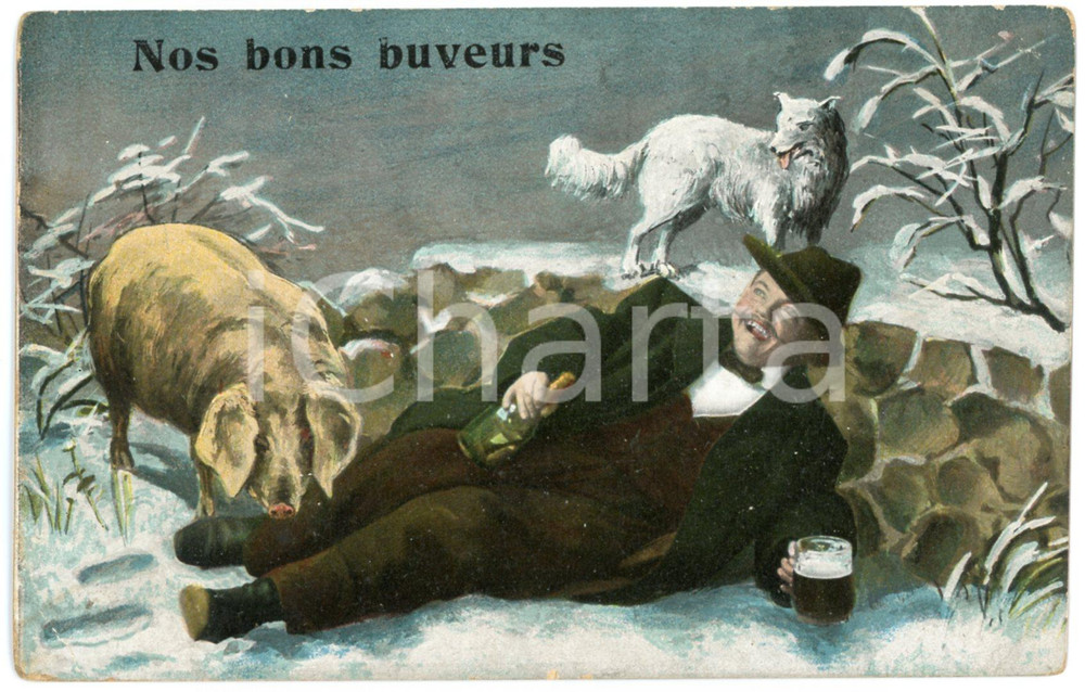 1920ca NOS BONS BUVEURS Drunkard with pig and little dog - Illustrated Postcard  Cartolina postale d'epoca, non viaggiata.CONDIZIONI: FAIR (smussature agli angoli, piegature agli angoli inferiori)FORMATO: FP    originale e autentica 1