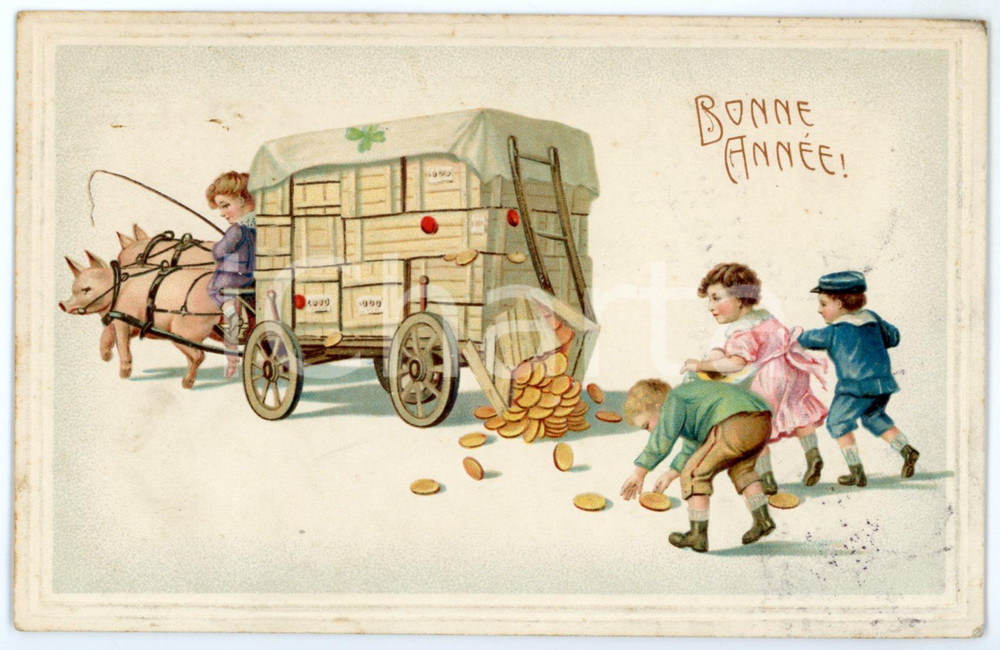 1910ca BONNE ANNÉE Children collecting money - Embossed Postcard FP VG  Cartolina postale d'epoca, viaggiata.CONDIZIONI: FAIR FORMATO: FP    originale e autentica 1