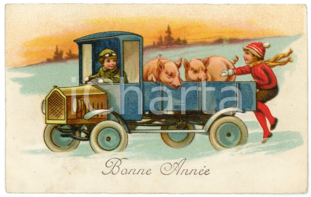 1910ca BONNE ANNÃ‰E Pigs on a truck - Illustrated Postcard FP NV  Cartolina postale d'epoca, non viaggiata ma con nota manoscritta al verso.CONDIZIONI: FAIR FORMATO: FP    originale e autentica 1
