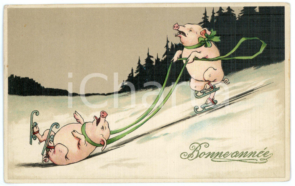 1912 BONNE ANNÃ‰E Pigs skating - Anthropomorphic - Illustrated Postcard FP VG  Cartolina postale d'epoca, viaggiata.CONDIZIONI: FAIR FORMATO: FP    originale e autentica 1