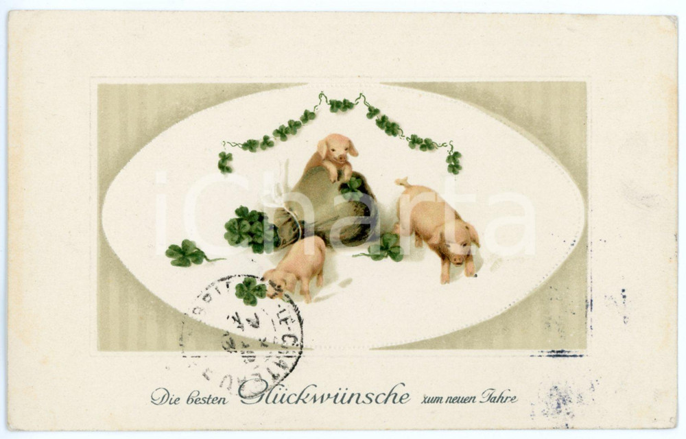 1913 NEUEN JAHRE Three lucky pigs with a bag of four-leaf clovers - Postcard FP  Cartolina postale d'epoca, viaggiata.CONDIZIONI: FAIR (lievi macchie di inchiostro al recto)FORMATO: FP    originale e autentica 1