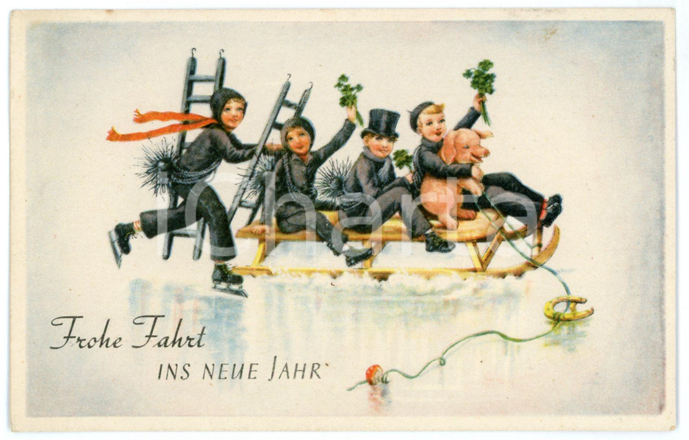 1913 NEUEN JAHRE Chimney sweeps with pigs and four-leaf clovers - Postcard FP NV  Cartolina postale d'epoca, viaggiata.CONDIZIONI: FAIRFORMATO: FP    originale e autentica 1