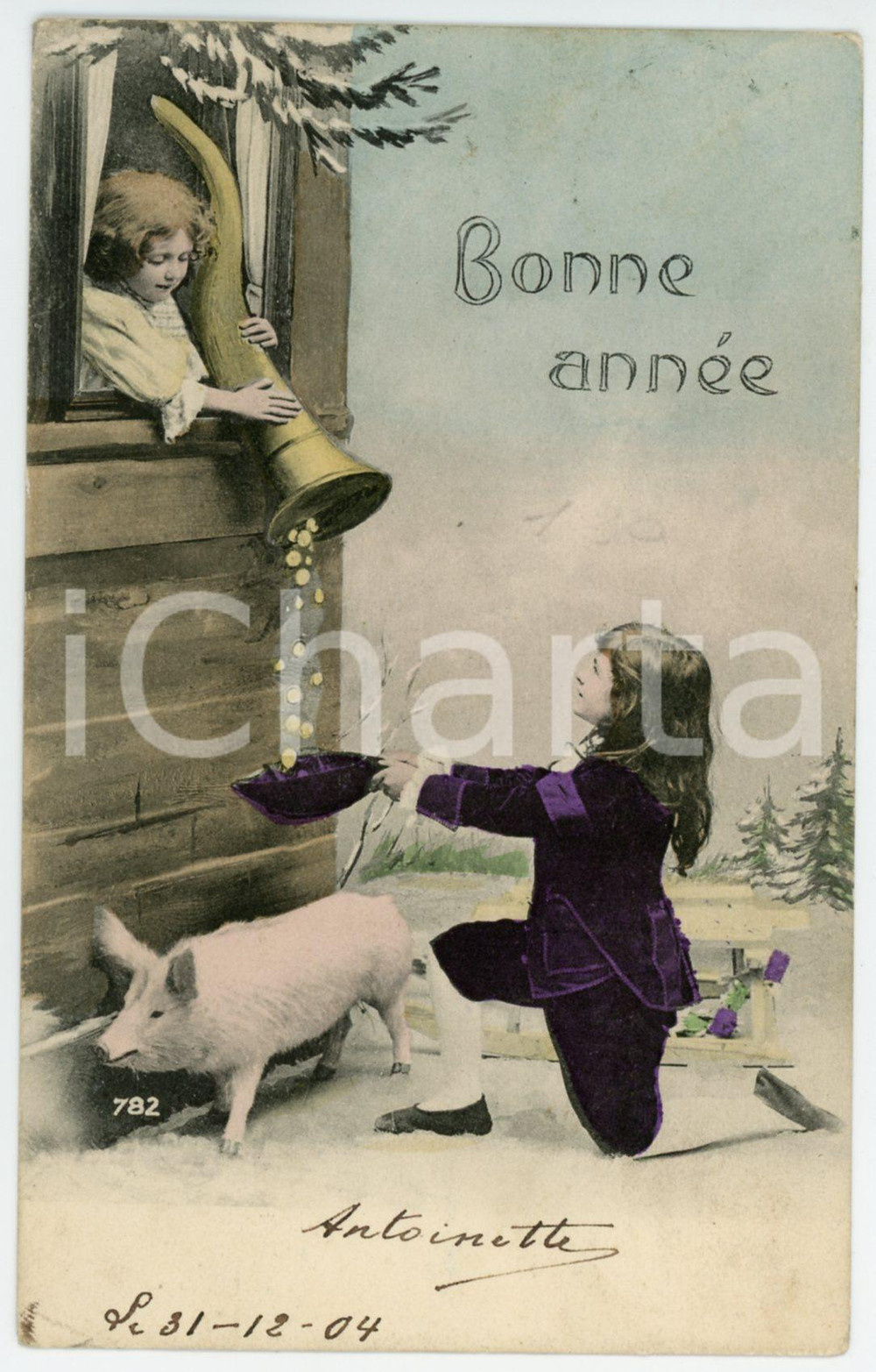 1900ca BONNE ANNÉE Children with pig and cornucopia - Postcard FP VG  Cartolina postale d'epoca, viaggiata.CONDIZIONI: FAIRFORMATO: FP    originale e autentica 1