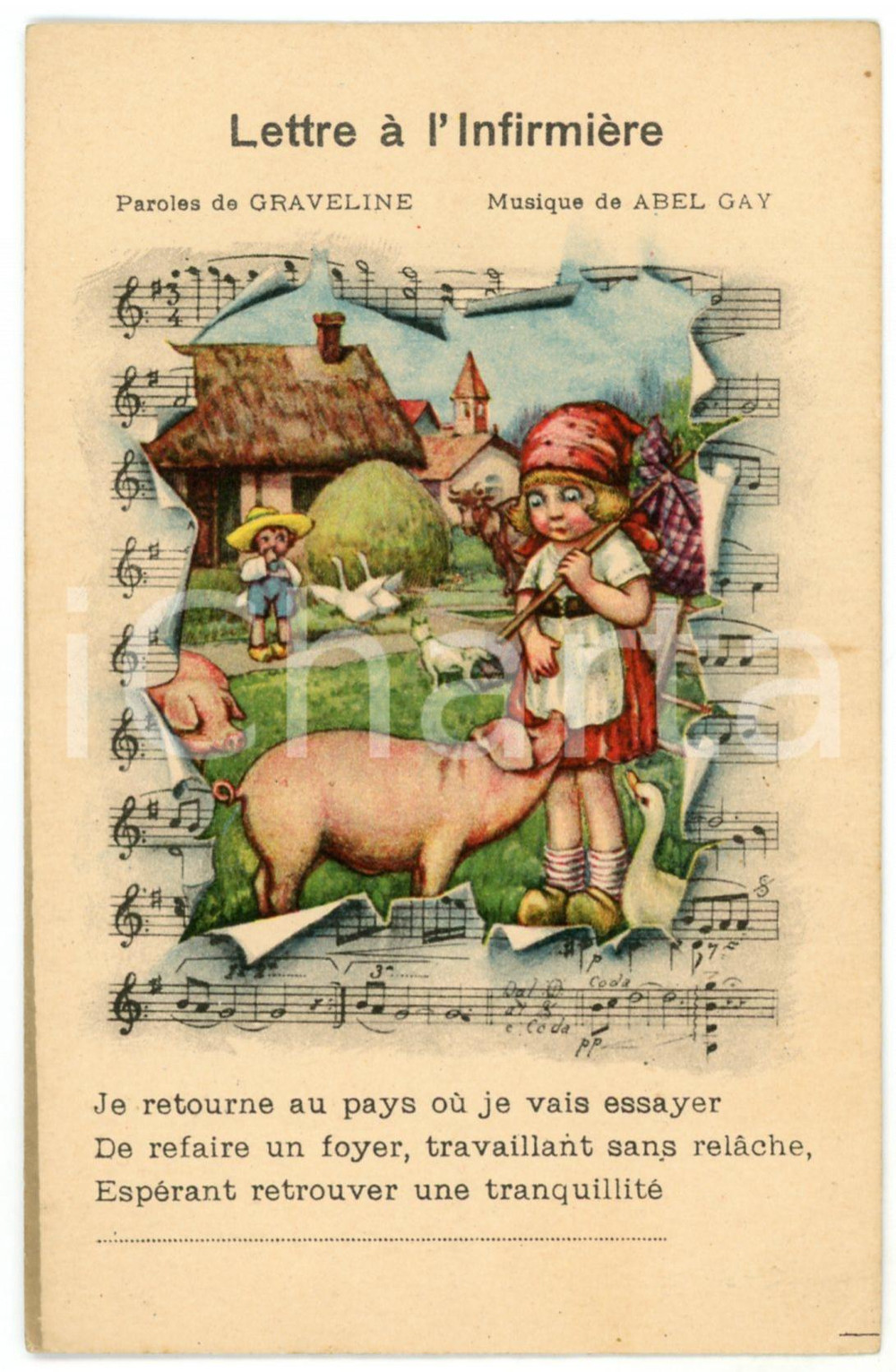 1910ca LETTRE Ã€ L'INFIRMIÃˆRE Pig and peasant girl - Illustrated Postcard FP NV  Cartolina postale d'epoca, non viaggiata.Contiene i versi della canzone "Lettre &agrave; l'Infirmi&egrave;re di Graveline e Abel Gay.CONDIZIONI: FAIRFORMATO: FP     originale e autentica 1