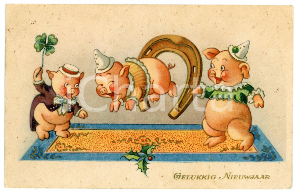 1910ca GELUKKIG NIEUWJAAR Three pigs playing with horseshoe - Postcard FP NV  Cartolina postale d'epoca, viaggiata.CONDIZIONI: FAIR (lievi piegature agli angoli)FORMATO: FP    originale e autentica 1