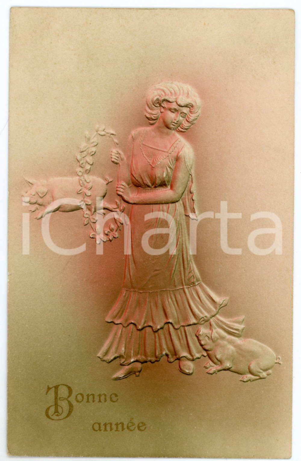 1900ca BONNE ANNÉE Girl playing with two lucky pigs - Embossed Postcard FP NV  Cartolina postale d'epoca, non viaggiata.CONDIZIONI: FAIRFORMATO: FP    originale e autentica 1