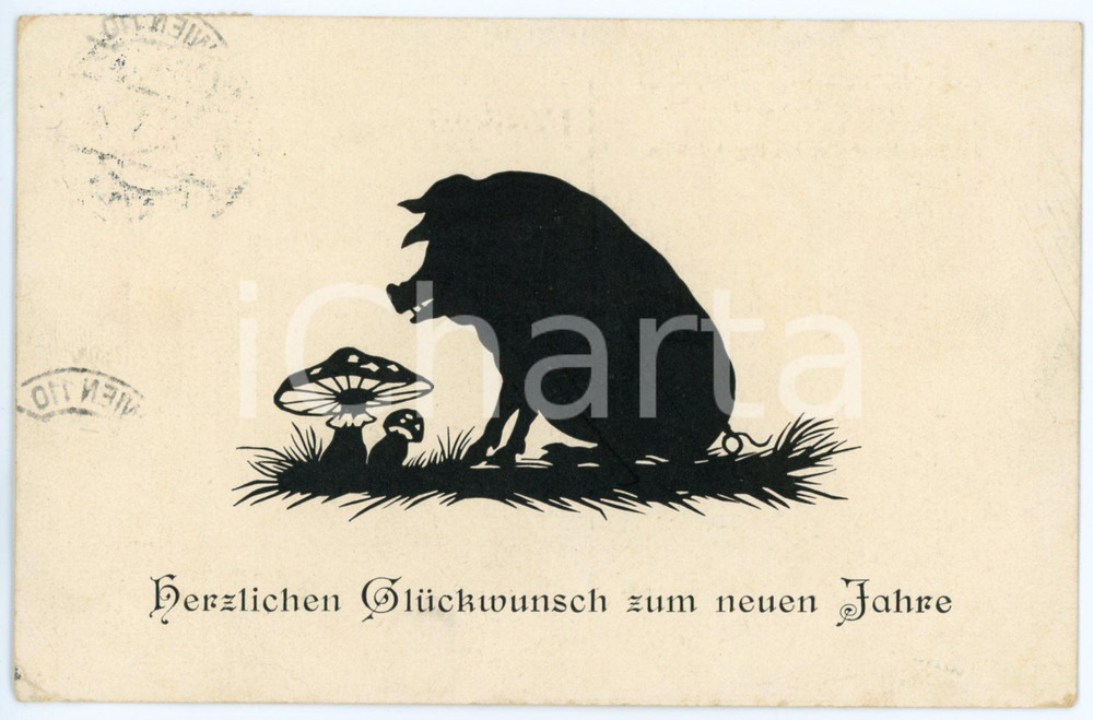 1930 NEUEN JAHRE Pig with mushrooms - Illustrated Postcard FP VG  Cartolina postale d'epoca, viaggiata.CONDIZIONI: FAIR (lievi smussature agli angoli)FORMATO: FP    originale e autentica 1