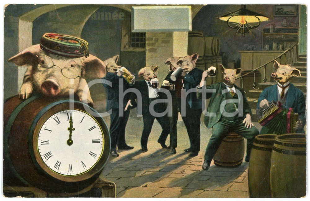 1900 ca BONNE ANNÉE Party pigs - Anthropomorphic - Vintage postcard FP VG  Cartolina postale d'epoca, viaggiata.CONDIZIONI: POOR (piegature al margine superiore, all'angolo inferiore destro e sinistro) FORMATO: FP    originale e autentica 1