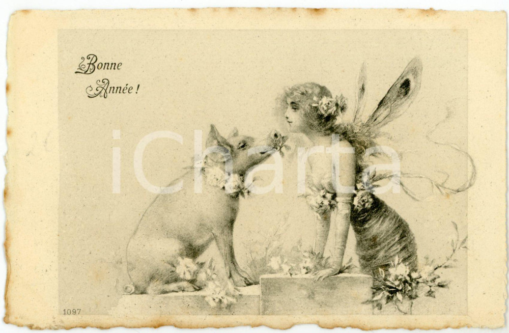 1900 ca BONNE ANNÃ‰E Pig kissing a fairy - Vintage postcard FP NV  Cartolina postale d'epoca, non viaggiata.CONDIZIONI: FAIR (evidenti bruniture ai margini)FORMATO: FP    originale e autentica 1