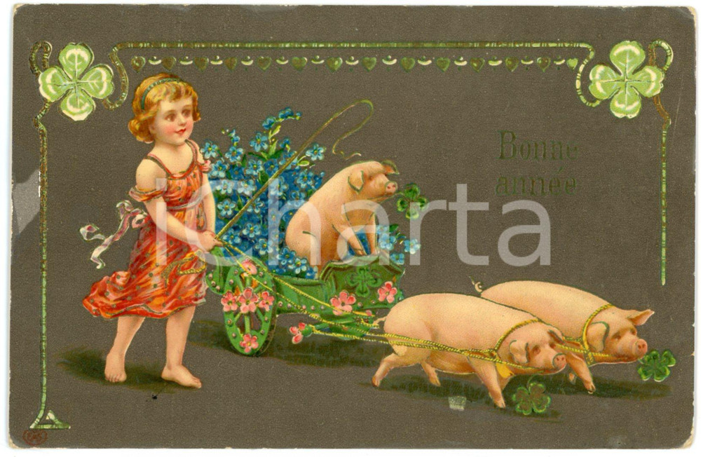 1909 BONNE ANNÉE Child with three lucky pigs - Illustrated Postcard FP VG  Cartolina postale d'epoca, viaggiata.CONDIZIONI: POOR (parziale distacco ai margini del primo strato della cartolina)FORMATO: FP    originale e autentica 1