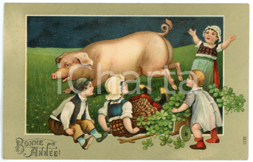 1910 BONNE ANNÃ‰E Children playing with lucky pig - Illustrated embossed Postcard  Cartolina postale d'epoca, viaggiata.CONDIZIONI:FAIRFORMATO: FP    originale e autentica 1