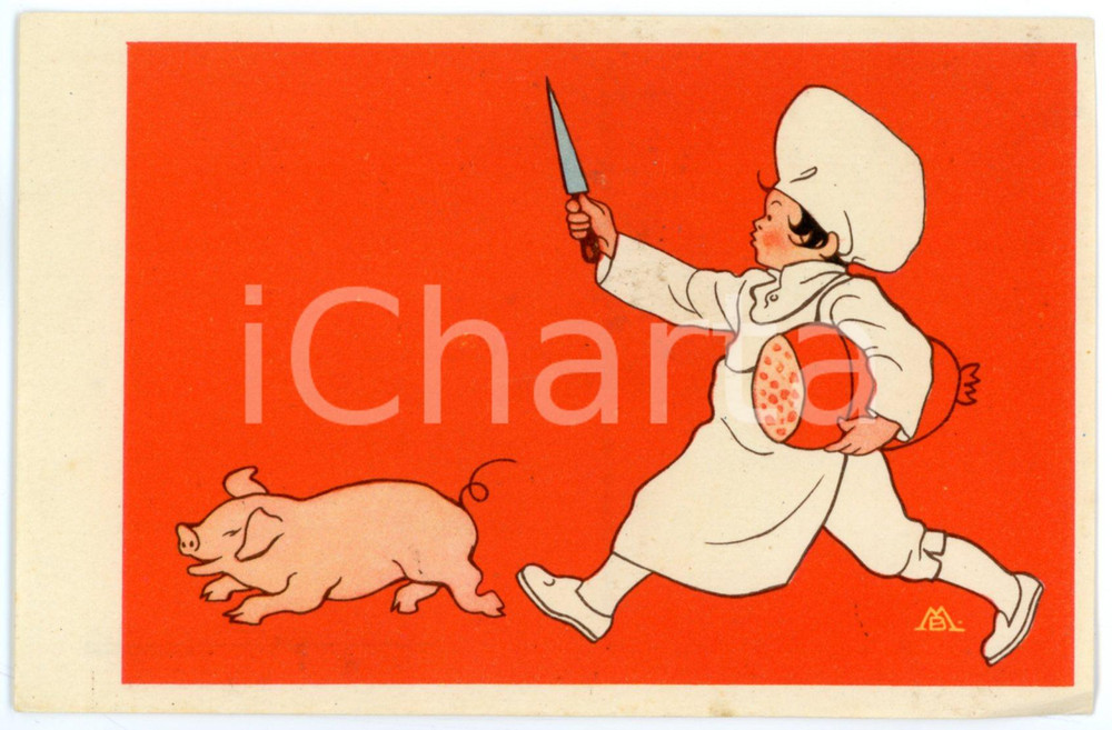 1920 ca HUMOUR Chef chases pig to make mortadella - Illustrated Postcard FP NV  Cartolina postale d'epoca, non viaggiata.SERIE: "La realt&agrave; romanzesca" Serie IEDITORE: Casa Mamma Domenica, MilanoCONDIZIONI: FAIRFORMATO: FP    originale e autentica 1