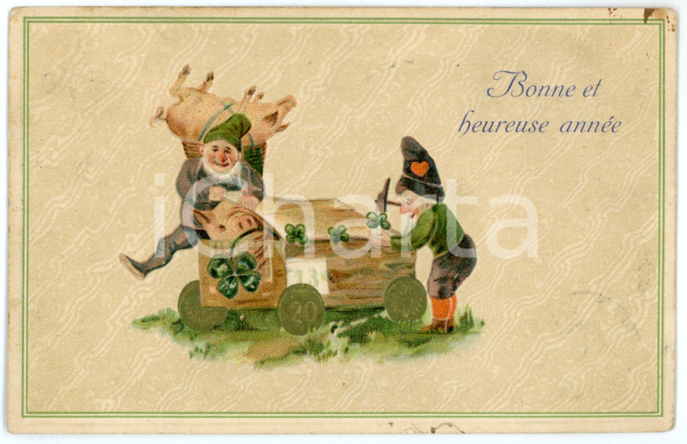 1908 BONNE ET HEUREUSE ANNÃ‰E Gnomes trapping a lucky pig - Embossed Postcard FP  Cartolina postale d'epoca, viaggiata.CONDIZIONI: FAIR (piccola macchia all'angolo superiore destro)FORMATO: FP     originale e autentica 1