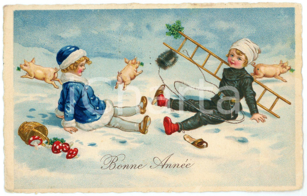 1935 BONNE ANNÃ‰E Chimney sweep with lucky pig - Illustrated postcard FP VG  Cartolina postale d'epoca, viaggiata.CONDIZIONI: FAIRFORMATO: FP    originale e autentica 1