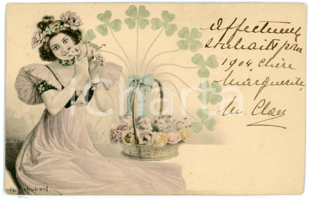 1904 BONNE ANNÃ‰E Woman with a basket full of lucky pigs - Illustrated postcard  Cartolina postale d'epoca, viaggiata.CONDIZIONI: FAIRFORMATO: FP     originale e autentica 1
