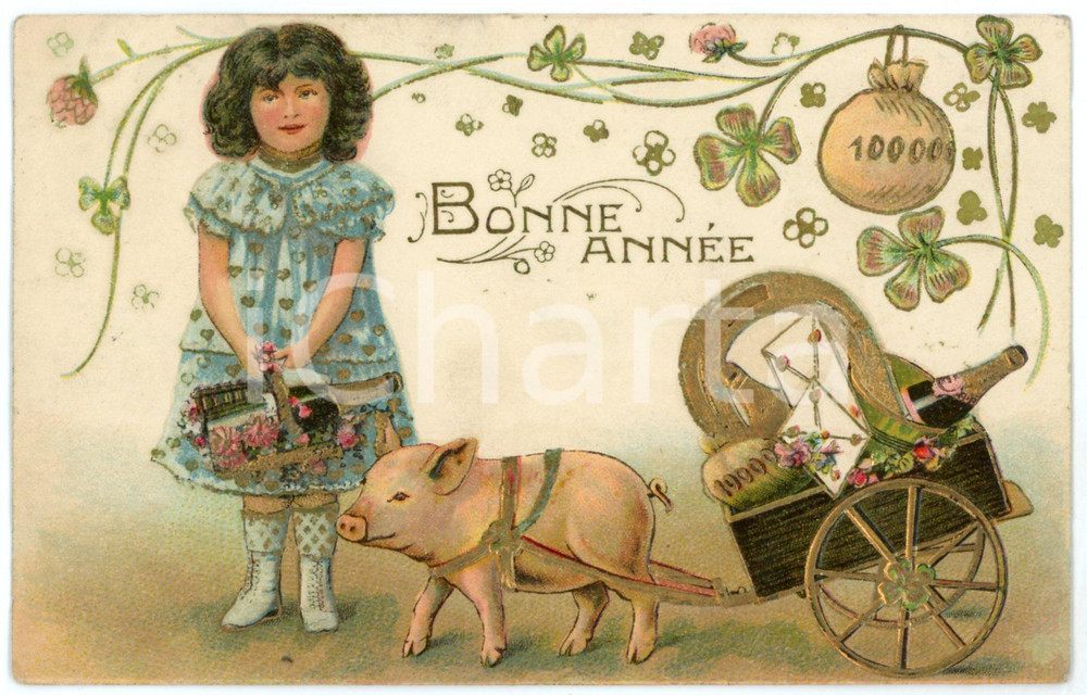 1907 BONNE ANNÃ‰E Child with lucky pig - Embossed golden postcard FP VG  Cartolina postale d'epoca, viaggiata.CONDIZIONI: GFORMATO: FP    originale e autentica 1