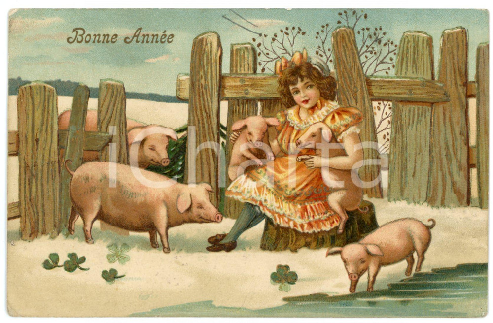 1900ca BONNE ANNÃ‰E Little girl petting pigs - Embossed Postcard FP VG  Cartolina postale d'epoca, viaggiata.CONDIZIONI: FAIR (smussature agli angoli)FORMATO: FP    originale e autentica 1