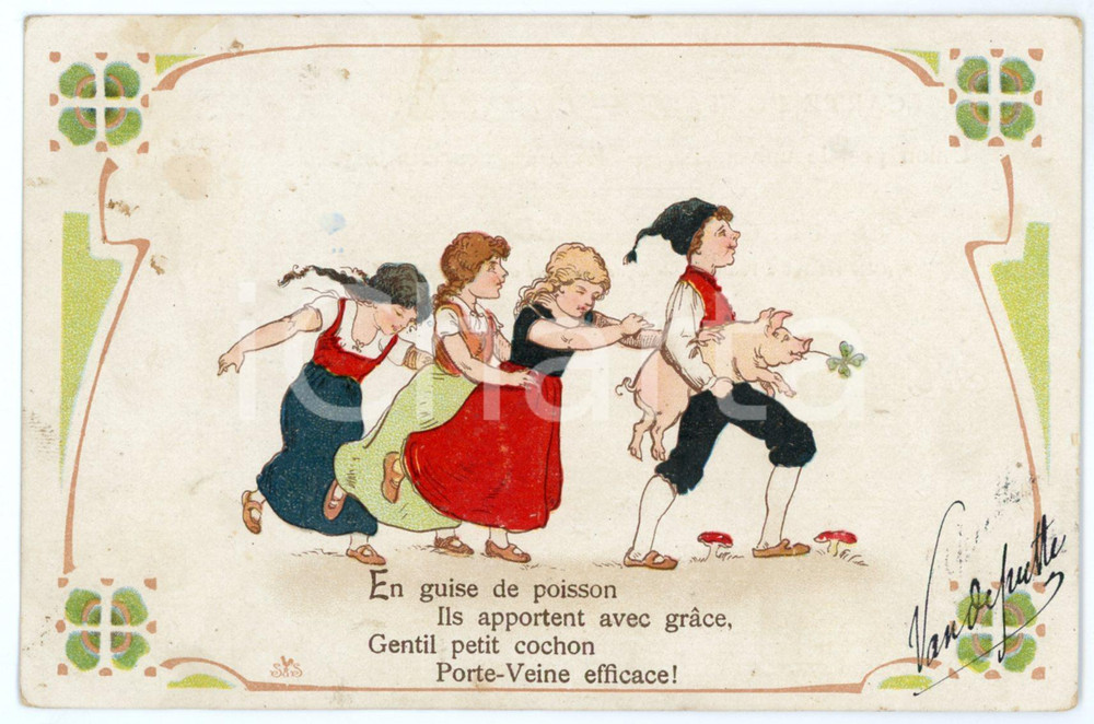 1906 HUMOUR Gentil petit cochon Porte-Veine efficace! - Illustrated Postcard FP  Cartolina postale d'epoca, viaggiata.CONDIZIONI: FAIR (Lievi aloni al recto)FORMATO: FP    originale e autentica 1